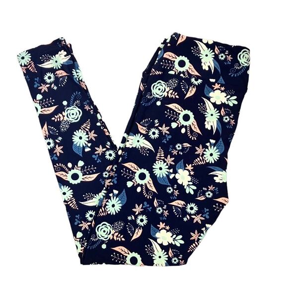 Lularoe Tall & Curvy Navy Blue Mint Pink Floral Leggings - Picture 1 of 2